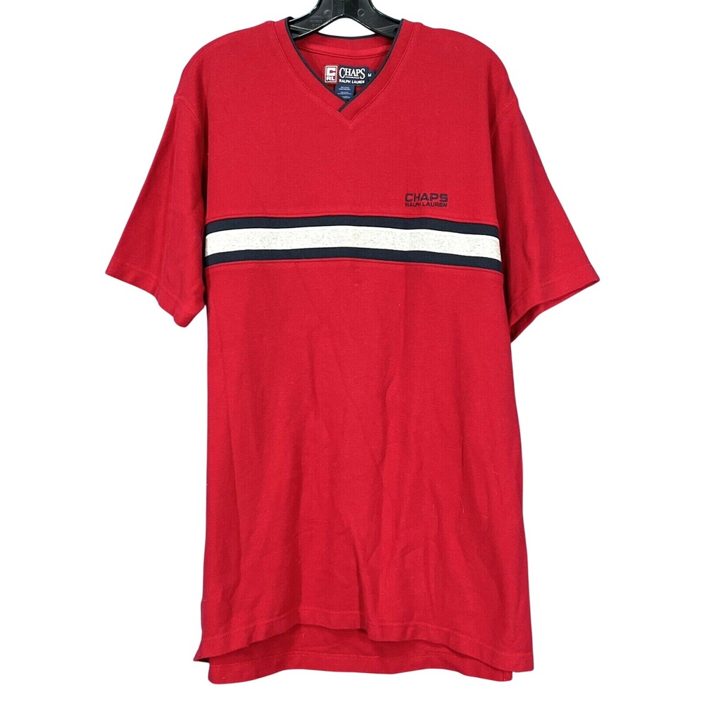 VTG CHAPS RALPH LAUREN Men's RED PIQUE KNIT Gray Stripe LOGO SPELL-OUT T-SHIRT M